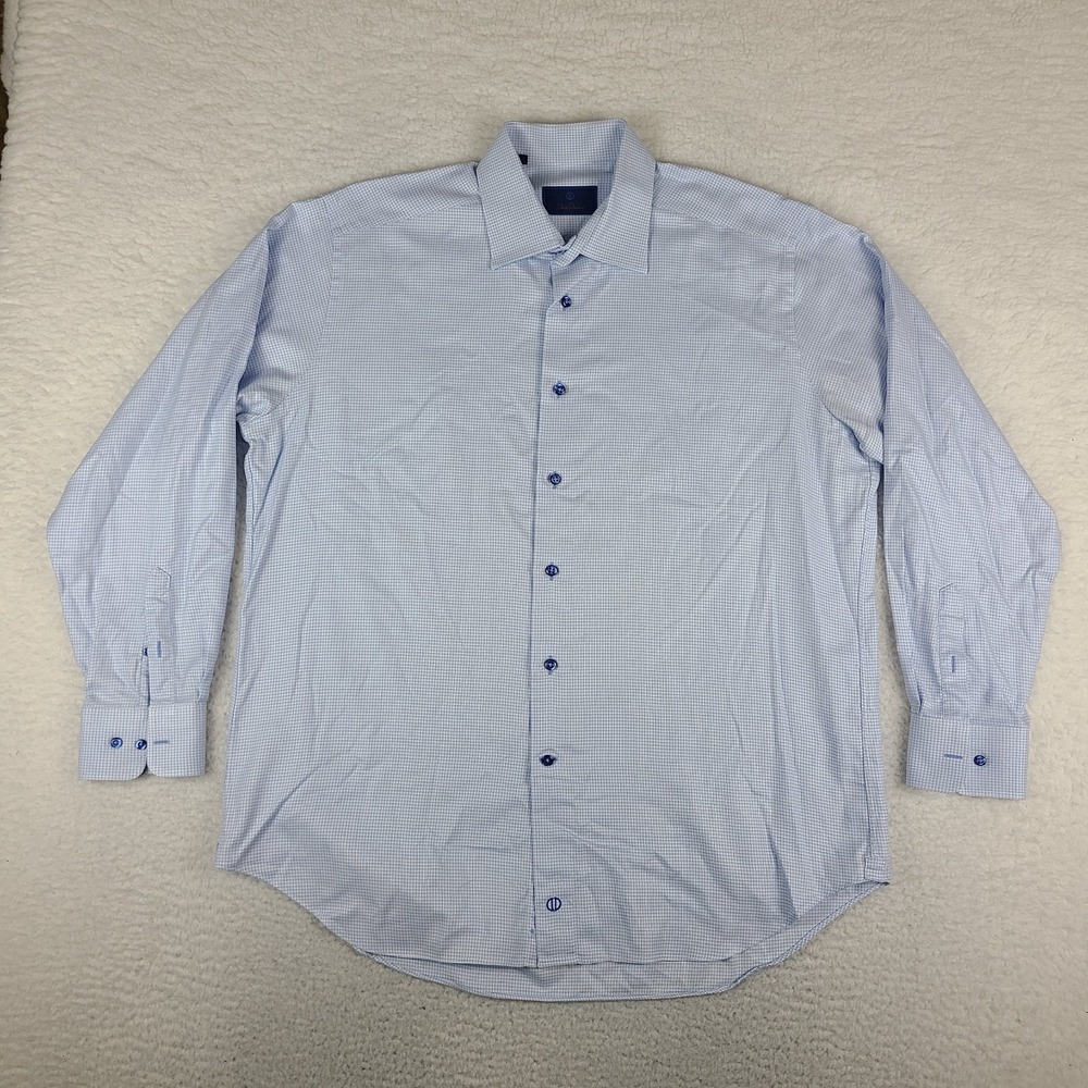 David Donahue Dress Shirt Mens 17 34/35 Blue Geometric 100% Cotton Button Up